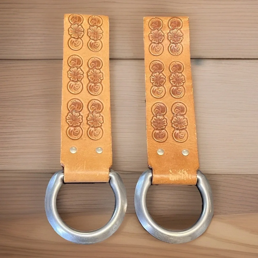 Floral Embossed Brown Leather Keychain LARGE Key Ring Chain Strap Holder Vintage